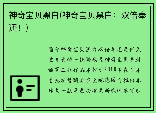神奇宝贝黑白(神奇宝贝黑白：双倍奉还！)